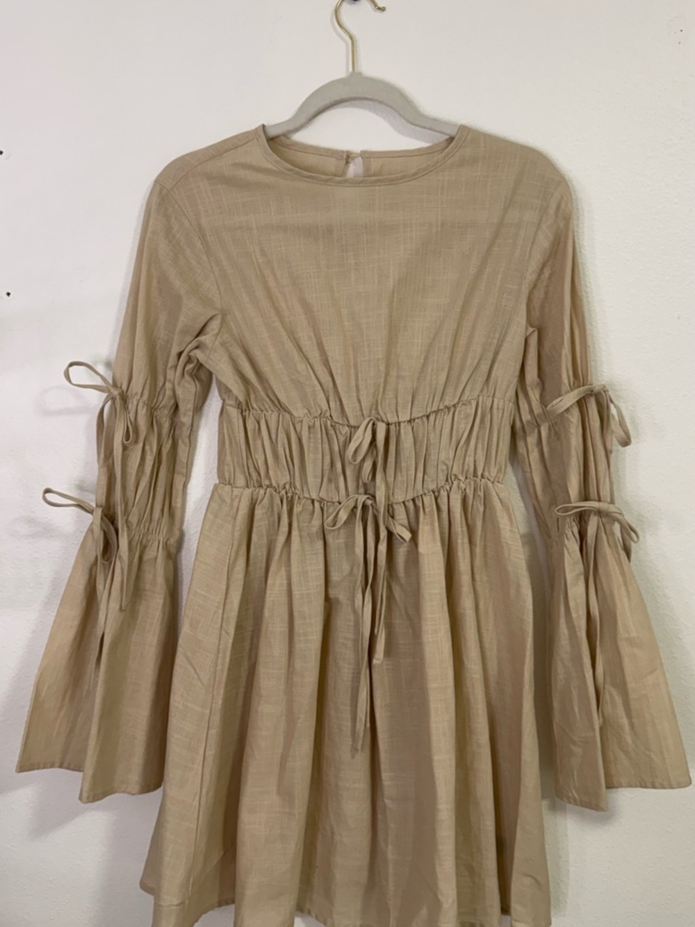 SHEIN Neutral Beige Long-Sleeve Tie-Waist Dress